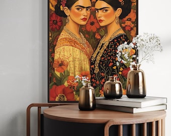 Frida-Inspired Feminine Art Print – Bold Floral Portrait of Strong Women, Mexican Folk Wall Art