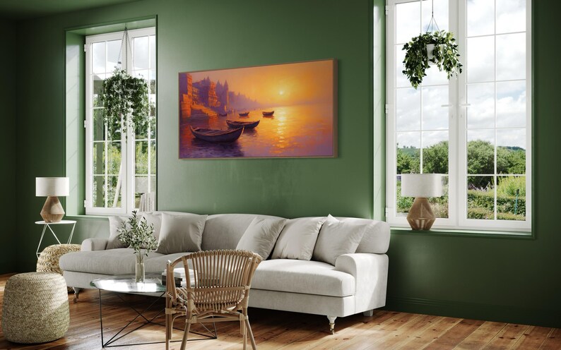 This breathtaking canvas print captures the beauty of the Ganges River at sunrise. The golden light reflects off the calm water, creating a peaceful and spiritual scene. This artwork brings a sense of tranquility and cultural richness to any space.
