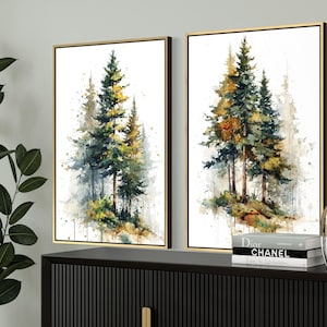 Set of 2 Pine Tree Wall Art – Watercolor Forest Decor, Evergreen Nature Painting Print