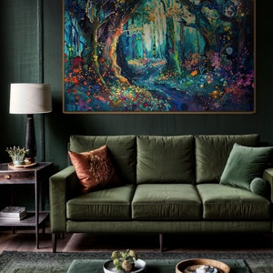 The enchanting woodland scene, ablaze with vibrant, whimsical colours, invites viewers into a magical forest where flora and fantasy intertwine.