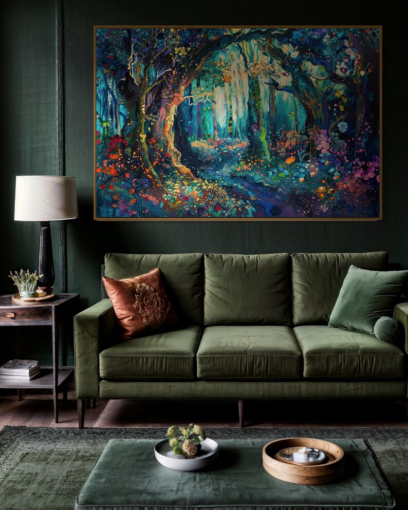 The enchanting woodland scene, ablaze with vibrant, whimsical colours, invites viewers into a magical forest where flora and fantasy intertwine.
