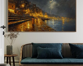 Varanasi Nightscape Canvas – Mystical Ganges River Wall Art, Golden Temple Reflections, Spiritual India Cityscape Print for Home