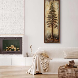 A rustic painting of a tall pine tree on wooden panels, showcasing natural textures and earthy tones. It is a perfect blend of art and nature with a handcrafted feel.