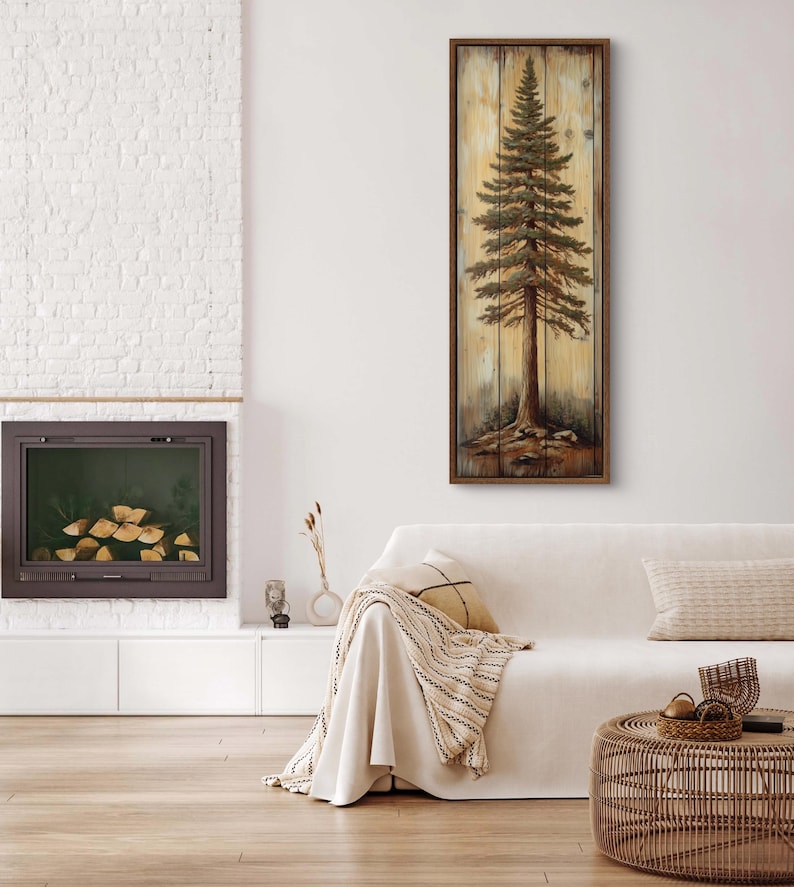 A rustic painting of a tall pine tree on wooden panels, showcasing natural textures and earthy tones. It is a perfect blend of art and nature with a handcrafted feel.