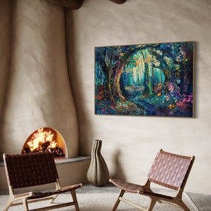 The enchanting woodland scene, ablaze with vibrant, whimsical colours, invites viewers into a magical forest where flora and fantasy intertwine.