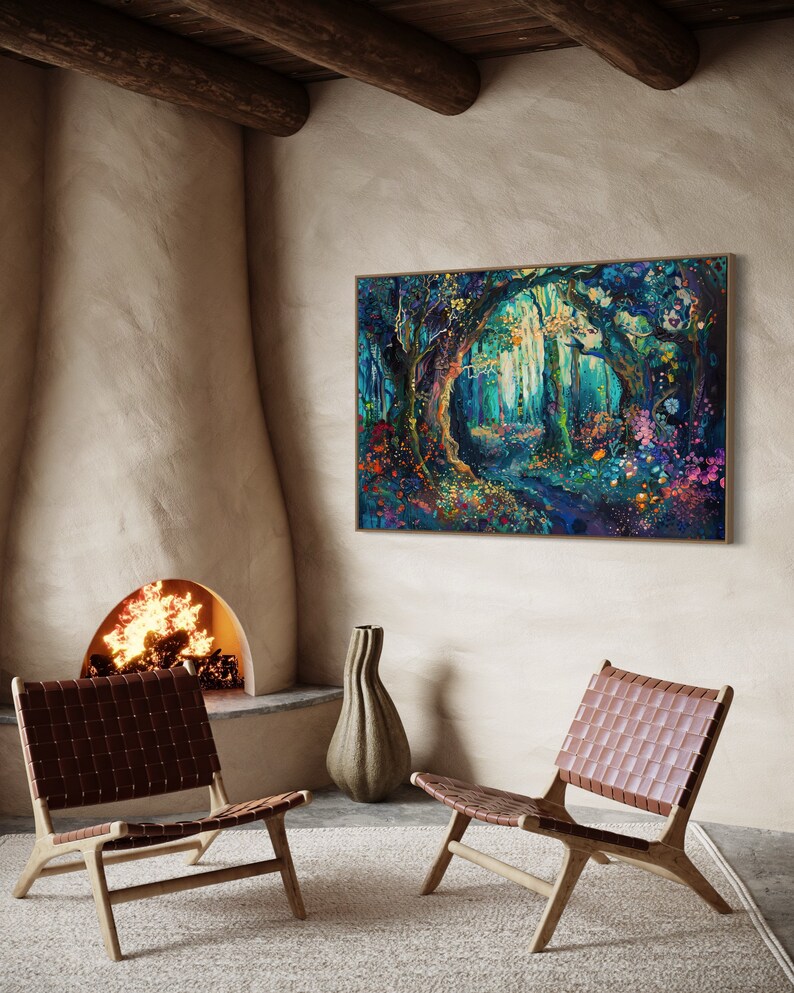 The enchanting woodland scene, ablaze with vibrant, whimsical colours, invites viewers into a magical forest where flora and fantasy intertwine.