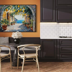 This vibrant artwork captures the charm of an Italian coastal village, featuring lemon trees hanging over a sunlit stone pathway. With a stunning view of the sea, this piece brings Mediterranean warmth and rustic beauty into your home.