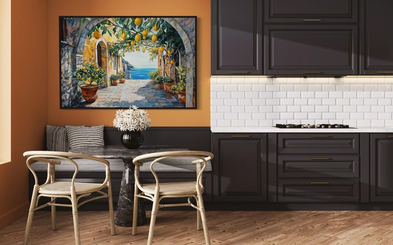 This vibrant artwork captures the charm of an Italian coastal village, featuring lemon trees hanging over a sunlit stone pathway. With a stunning view of the sea, this piece brings Mediterranean warmth and rustic beauty into your home.