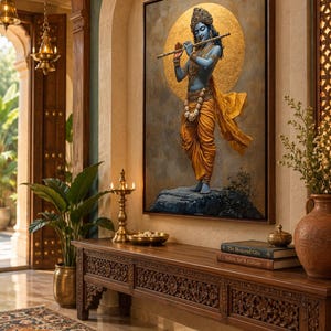 Immerse yourself in divine grace with this exquisite art piece of Lord Krishna playing the flute. The vibrant colors and intricate details make it a captivating addition to any spiritual or cultural space.