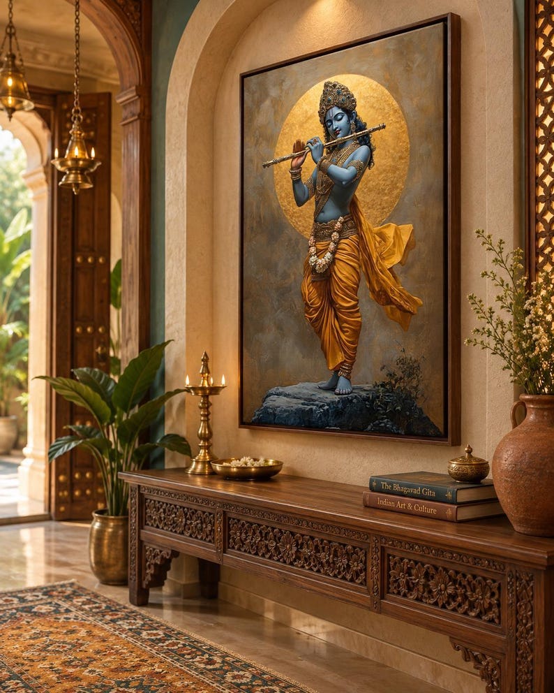 Immerse yourself in divine grace with this exquisite art piece of Lord Krishna playing the flute. The vibrant colors and intricate details make it a captivating addition to any spiritual or cultural space.
