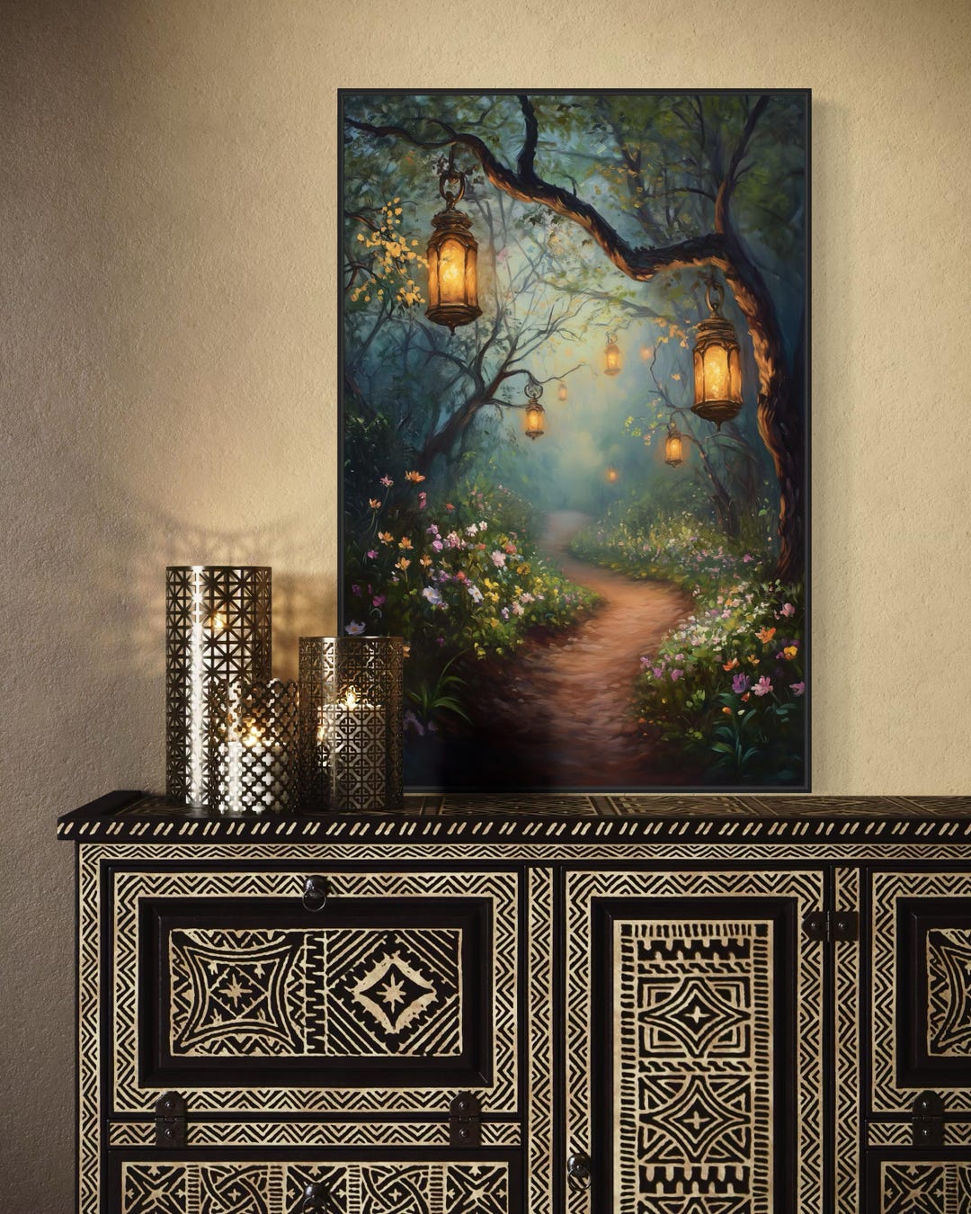 Enchanted Forest Lantern Path - Mystical Woodland Wall Art Print, Fairy ...