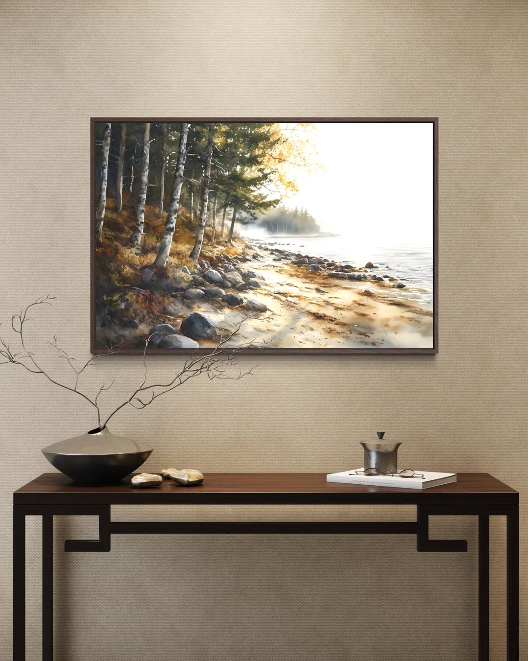 Misty Forest Beach Watercolor Print – Coastal Landscape Wall Art ...