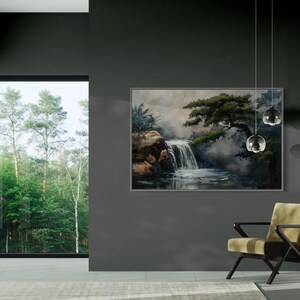 This canvas print beautifully portrays a serene Japanese garden with a cascading waterfall and majestic pine trees, encapsulating the essence of tranquility and the enduring beauty of nature. Perfect for creating a peaceful retreat in your space.