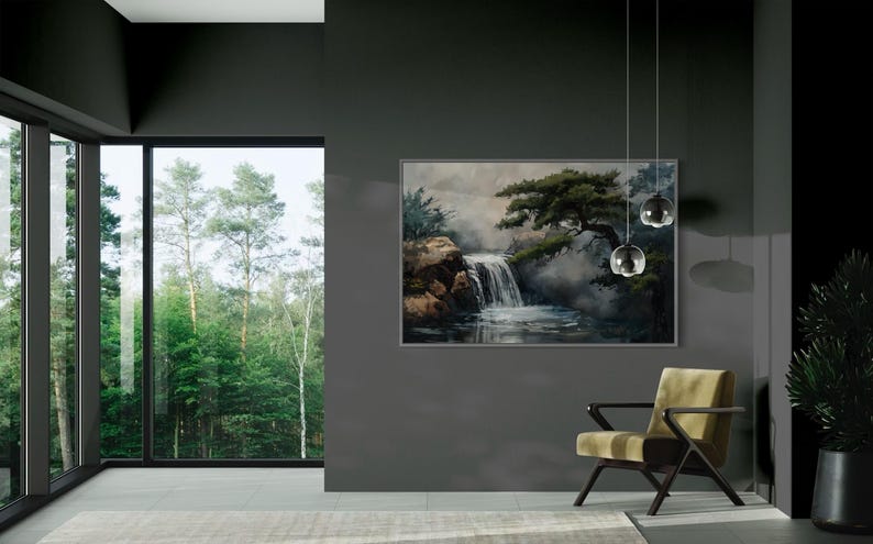 This canvas print beautifully portrays a serene Japanese garden with a cascading waterfall and majestic pine trees, encapsulating the essence of tranquility and the enduring beauty of nature. Perfect for creating a peaceful retreat in your space.