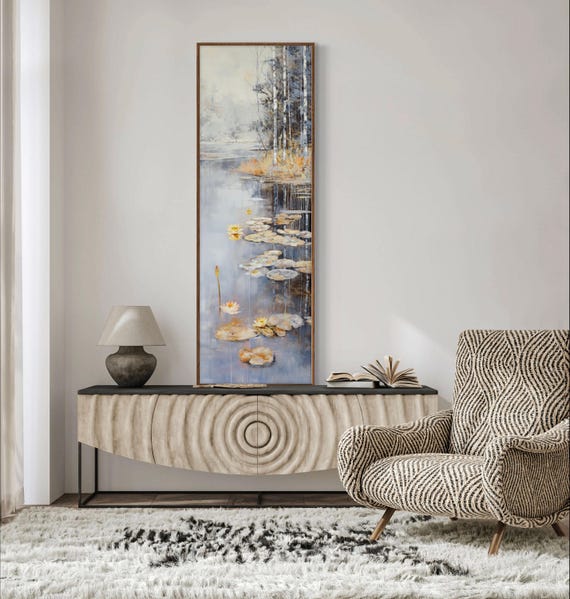 Tall Birch Forest with Water Lilies - Relaxing Narrow Wall Art, Vertical Pond Painting Print