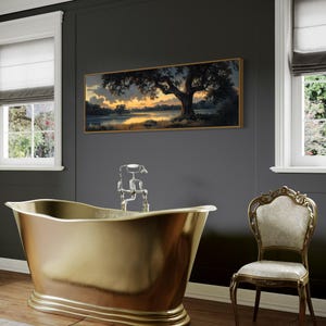 Capturing the tranquil essence of dusk, this panoramic artwork features a majestic oak tree overlooking a serene river, illuminated by the golden hues of a setting sun.