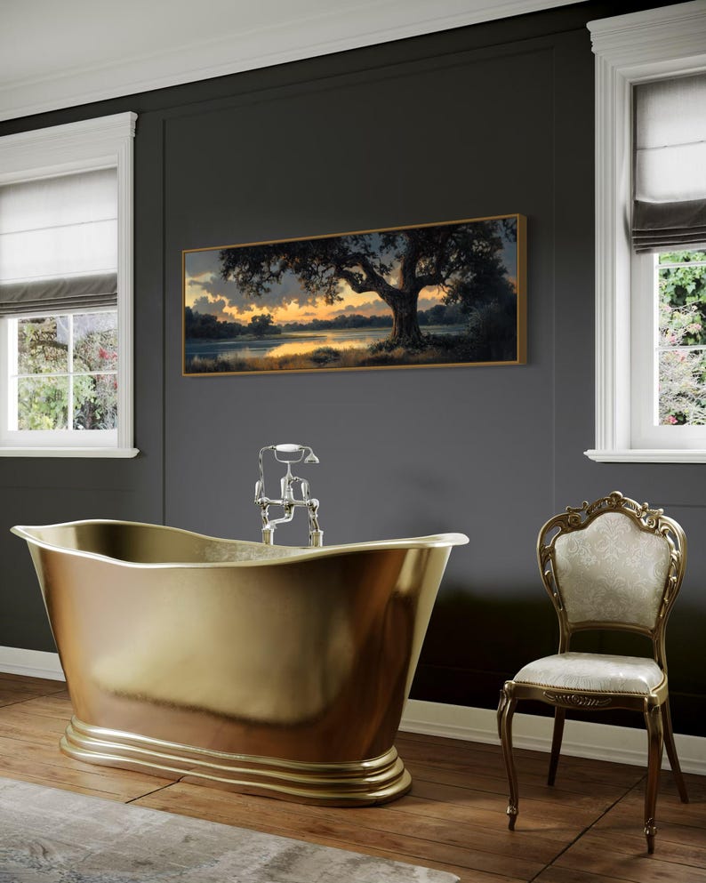 Capturing the tranquil essence of dusk, this panoramic artwork features a majestic oak tree overlooking a serene river, illuminated by the golden hues of a setting sun.