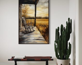 Lámina con imagen de una mecedora rústica en el porche: arte mural vintage de estilo granja, atardecer campestre tranquilo, lienzo o lámina de arte para decoración rural.
