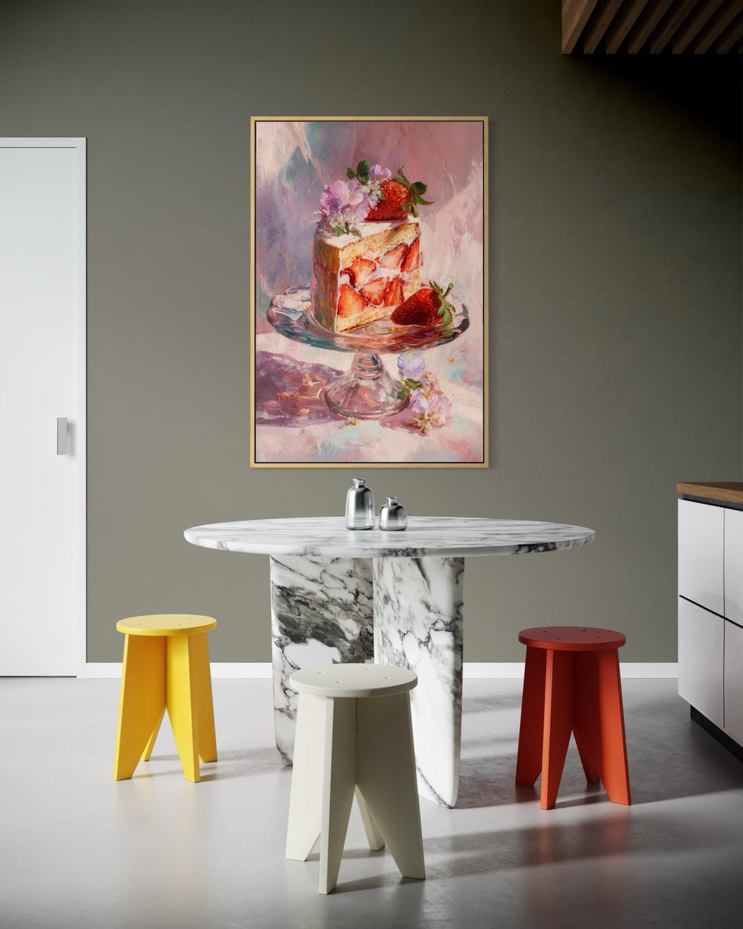 Strawberry Cake Art Print - Romantic Kitchen Wall Decor, Pastel Dessert ...