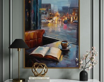 Rainy Day Café Art Print - Cozy Coffee Shop Window Scene - Moody City Lights Wall Art