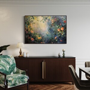 A sun-dappled garden, lush with blooming roses and climbing vines, bathes in the gentle caress of morning light, creating a serene and enchanting scene.
