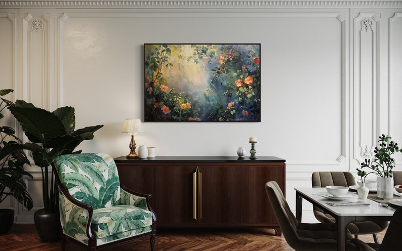 A sun-dappled garden, lush with blooming roses and climbing vines, bathes in the gentle caress of morning light, creating a serene and enchanting scene.