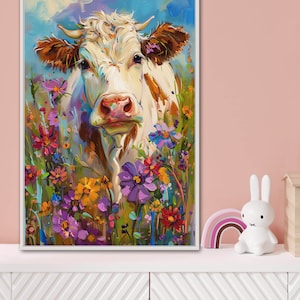 Whimsical Bovine Beauty - A lively painting of a cow among a splash of colourful wildflowers, rendered in a playful, impressionistic style.