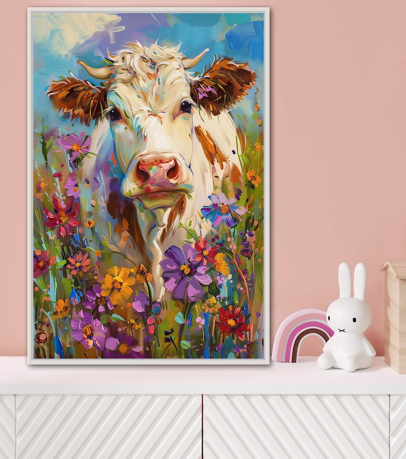 Whimsical Bovine Beauty - A lively painting of a cow among a splash of colourful wildflowers, rendered in a playful, impressionistic style.
