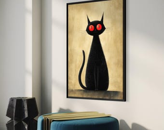 Lámina artística de gato negro: ilustración felina caprichosa, decoración de pared para Halloween, decoración animal original, regalo moderno y minimalista para amantes de los gatos.