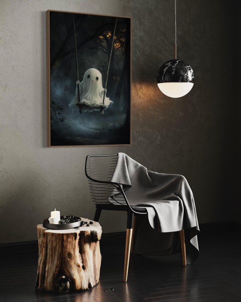 Cute Ghost on Swing - Mystical Forest Halloween Art Print for Spooky ...