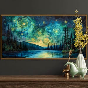 A breathtaking nightscape where swirls of luminescent green and yellow dance across the sky, mirroring on the tranquil lake below. Tall pines stand in silhouette against a Van Gogh-inspired celestial masterpiece.