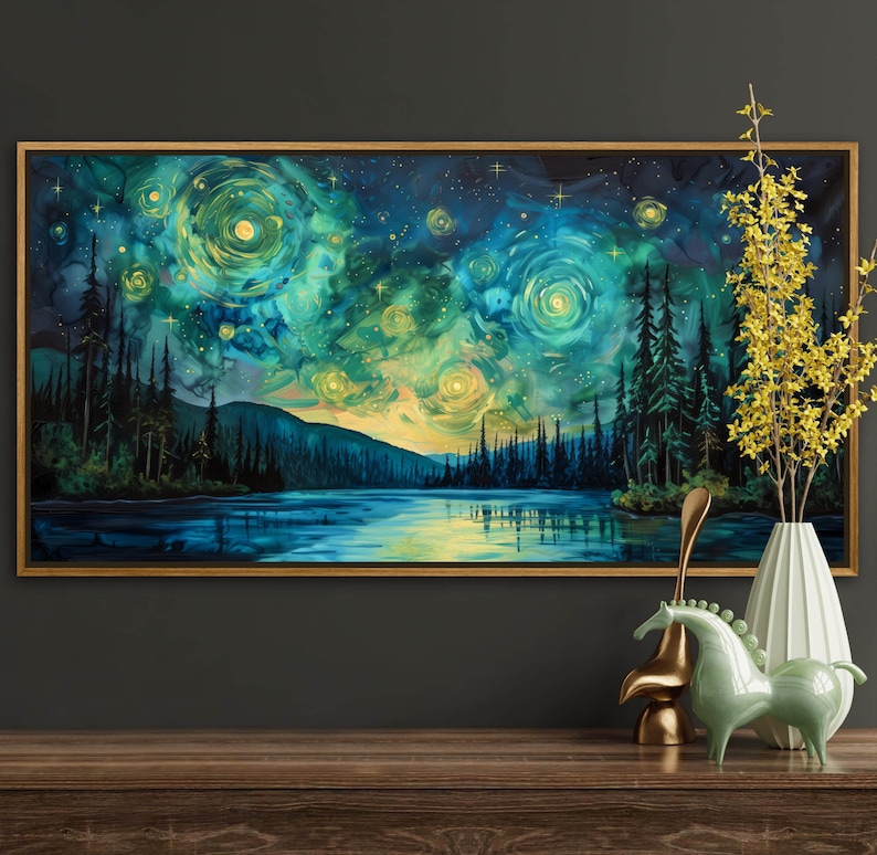 A breathtaking nightscape where swirls of luminescent green and yellow dance across the sky, mirroring on the tranquil lake below. Tall pines stand in silhouette against a Van Gogh-inspired celestial masterpiece.