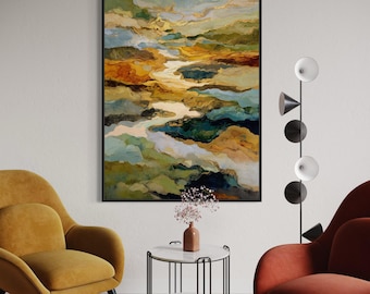 Abstract Landscape Art Print – Gold And Teal Modern Wall Art, Earth Tone Painting Print, Contemporary Coastal And Boho Decor
