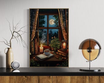 Lámina decorativa con ventana iluminada por la luna – Decoración acogedora estilo cottagecore para amantes de los libros (Lienzo)