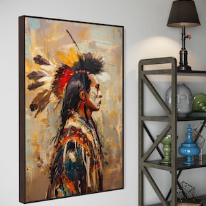 This striking portrait captures a Native American in profile, adorned with a vibrant feather headdress. The dynamic brushstrokes and bold colors evoke a sense of strength and spirit.
