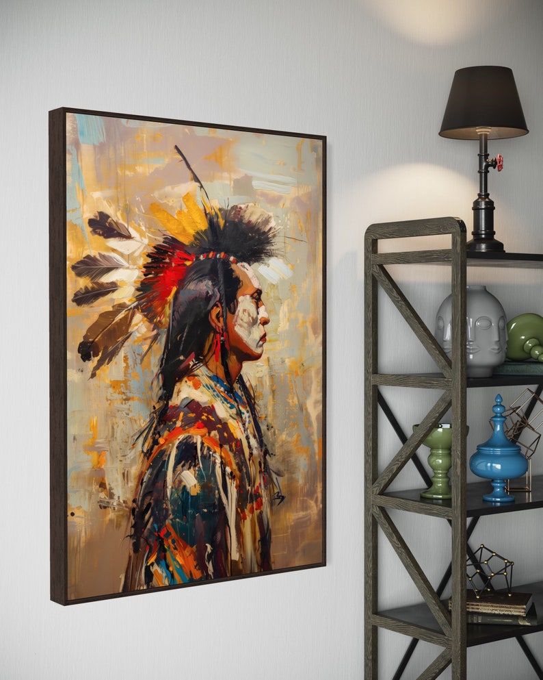 This striking portrait captures a Native American in profile, adorned with a vibrant feather headdress. The dynamic brushstrokes and bold colors evoke a sense of strength and spirit.