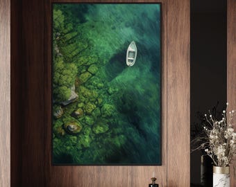 Emerald Escape: Tranquil Boat Artwork Print - Modern Lake House Decor with Serene Water Reflection
