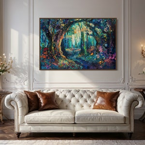 The enchanting woodland scene, ablaze with vibrant, whimsical colours, invites viewers into a magical forest where flora and fantasy intertwine.