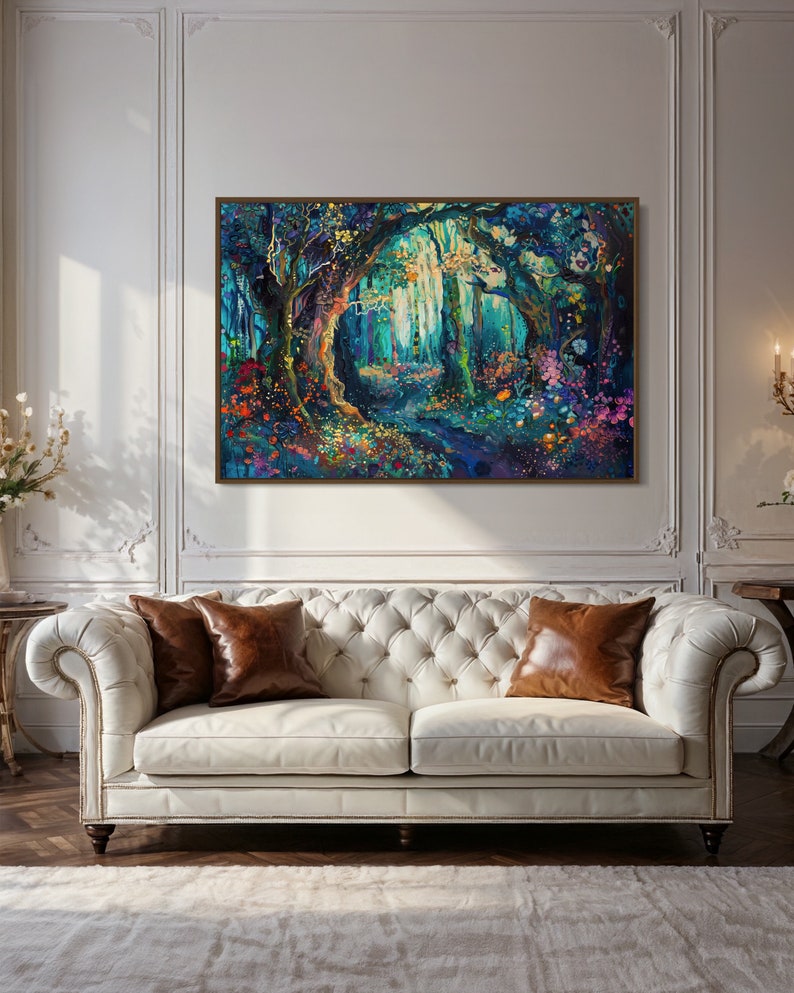 The enchanting woodland scene, ablaze with vibrant, whimsical colours, invites viewers into a magical forest where flora and fantasy intertwine.