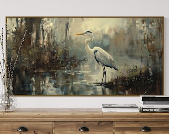 Cuadro de garza azul en lienzo - Impresión de marisma con colores suaves, elegante decoración de aves para casa de lago o para decorar encima de la cama.