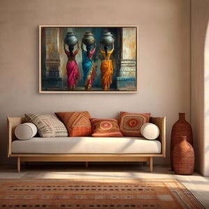 Celebrate cultural beauty with this vibrant art piece depicting three Indian women in colorful saris, gracefully carrying pots on their heads. The rich textures and warm tones make it a stunning addition to any space.