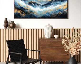 Stormy Mountain Landscape Art Print – Abstract Blue and Gold Wall Decor, Moody Large Artwork