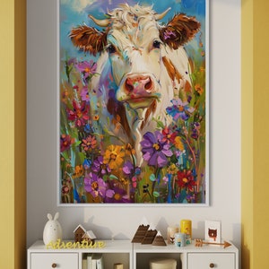 Whimsical Bovine Beauty - A lively painting of a cow among a splash of colourful wildflowers, rendered in a playful, impressionistic style.
