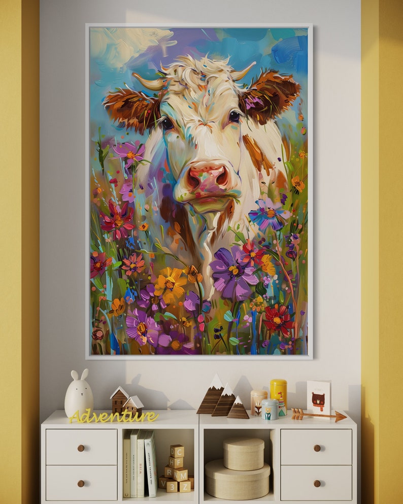 Whimsical Bovine Beauty - A lively painting of a cow among a splash of colourful wildflowers, rendered in a playful, impressionistic style.