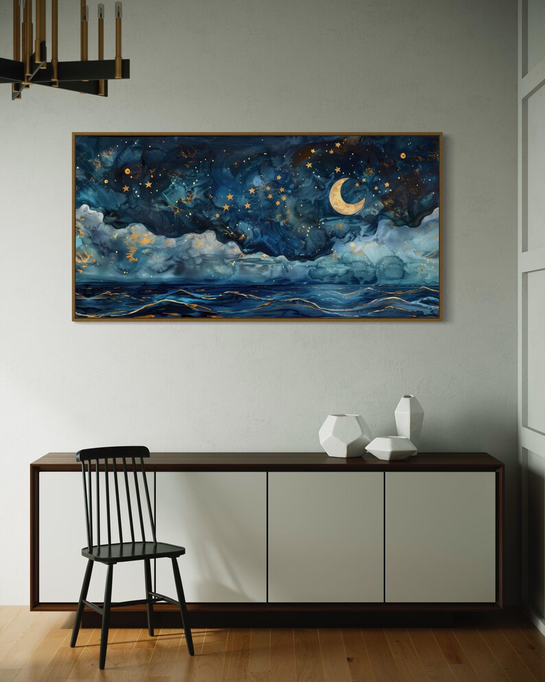 Dreamy Celestial Ocean Art - Starry Night and Crescent Moon Panoramic ...