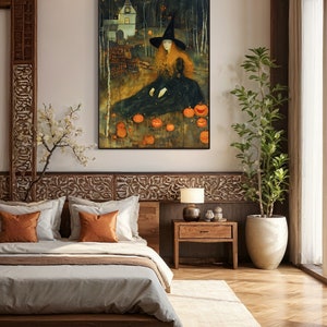 Captivating artwork of a witch in a mystical forest, surrounded by glowing pumpkins and an enchanted cottage, evoking a spellbinding Halloween night.