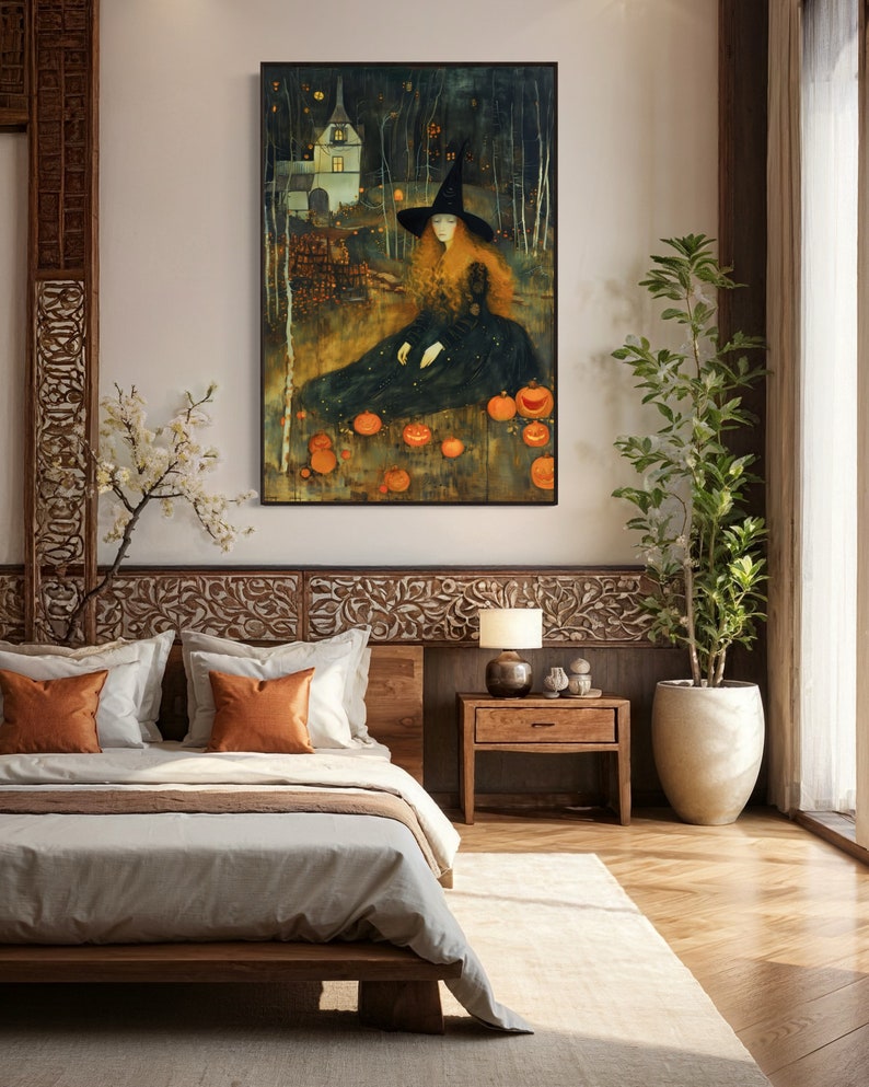 Captivating artwork of a witch in a mystical forest, surrounded by glowing pumpkins and an enchanted cottage, evoking a spellbinding Halloween night.
