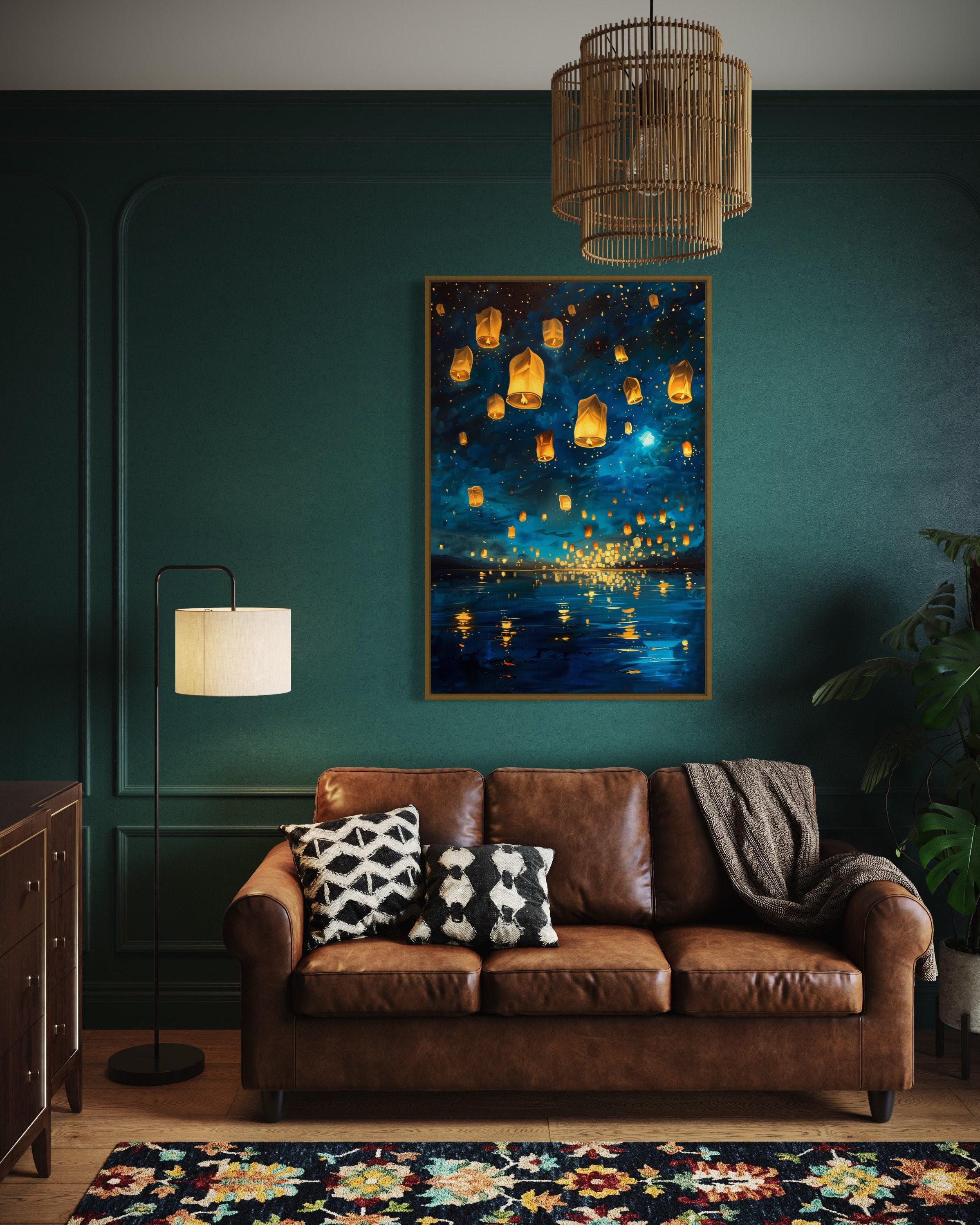 魔法の夜のランタン祭り - 星空と浮かぶランタンの絵画プリント