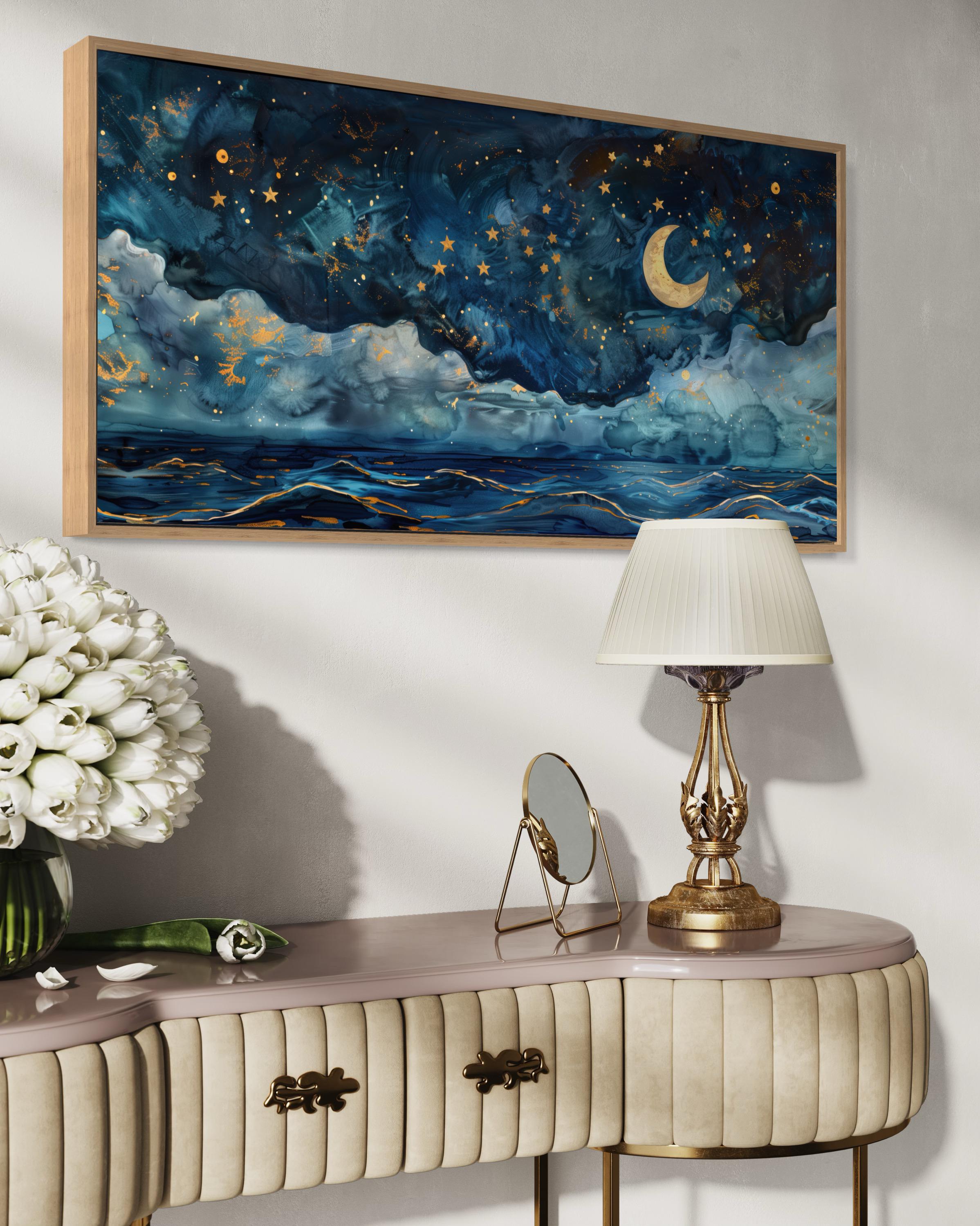 Dreamy Celestial Ocean Art - Starry Night and Crescent Moon Panoramic ...