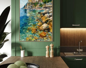 Positano Art Print – Levendige Amalfikust print, Italiaanse kust kunst aan de muur, kleurrijk Positano Cliffside Decor, Middellandse Zee print